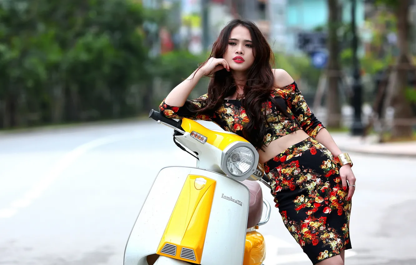 Photo wallpaper look, girl, street, Asian, a scooter