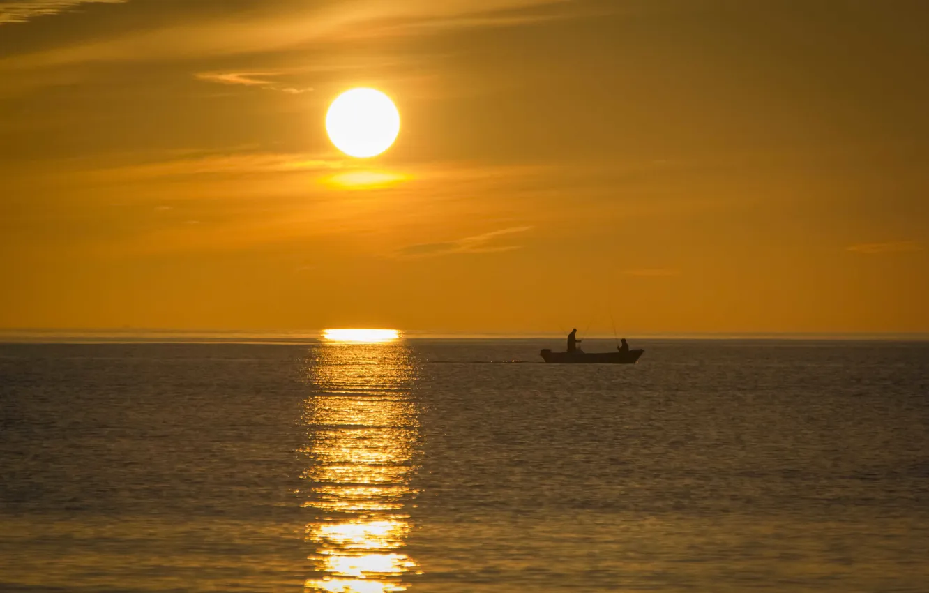 Photo wallpaper sea, sunset, yellow, boat, fisherman, horizon