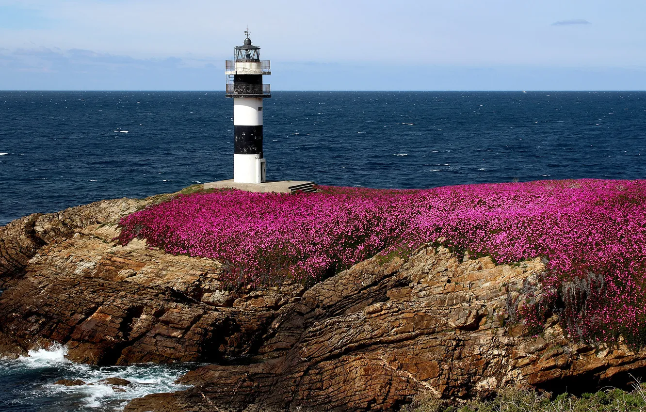 Photo wallpaper sea, flowers, rocks, coast, lighthouse, Spain, Spain, Ribadeo