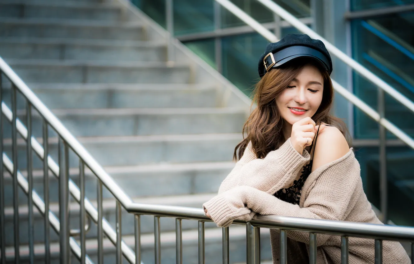 Photo wallpaper girl, ladder, steps, cap, Asian, bokeh