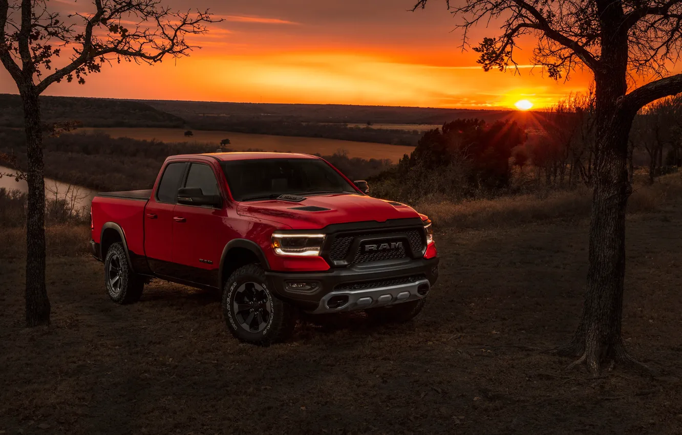 Photo wallpaper sunset, Dodge, pickup, 1500, Ram, 2019, Rebel Quad Cab