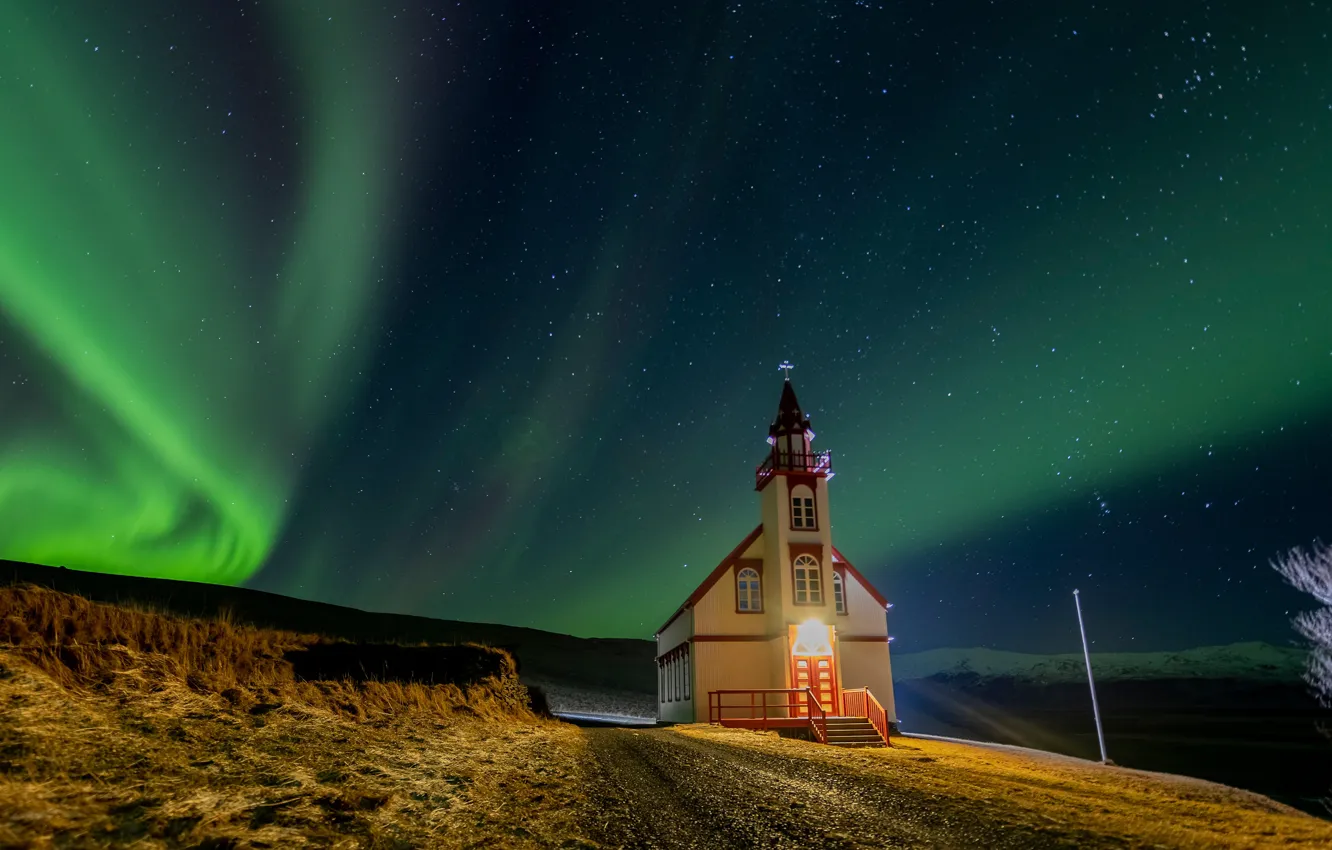 Photo wallpaper Northern lights, Church, Iceland, Iceland, starry sky, Fast