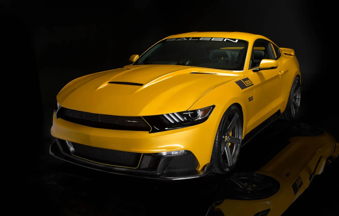 Photo wallpaper yellow, reflection, Mustang, Ford, Mustang, Muscle, optics, Saleen