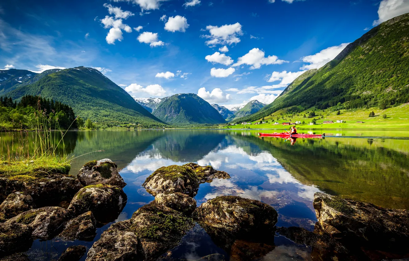 Photo wallpaper mountains, lake, Norway, Norway, kayak, Sogn and Fjordane, Heimdall