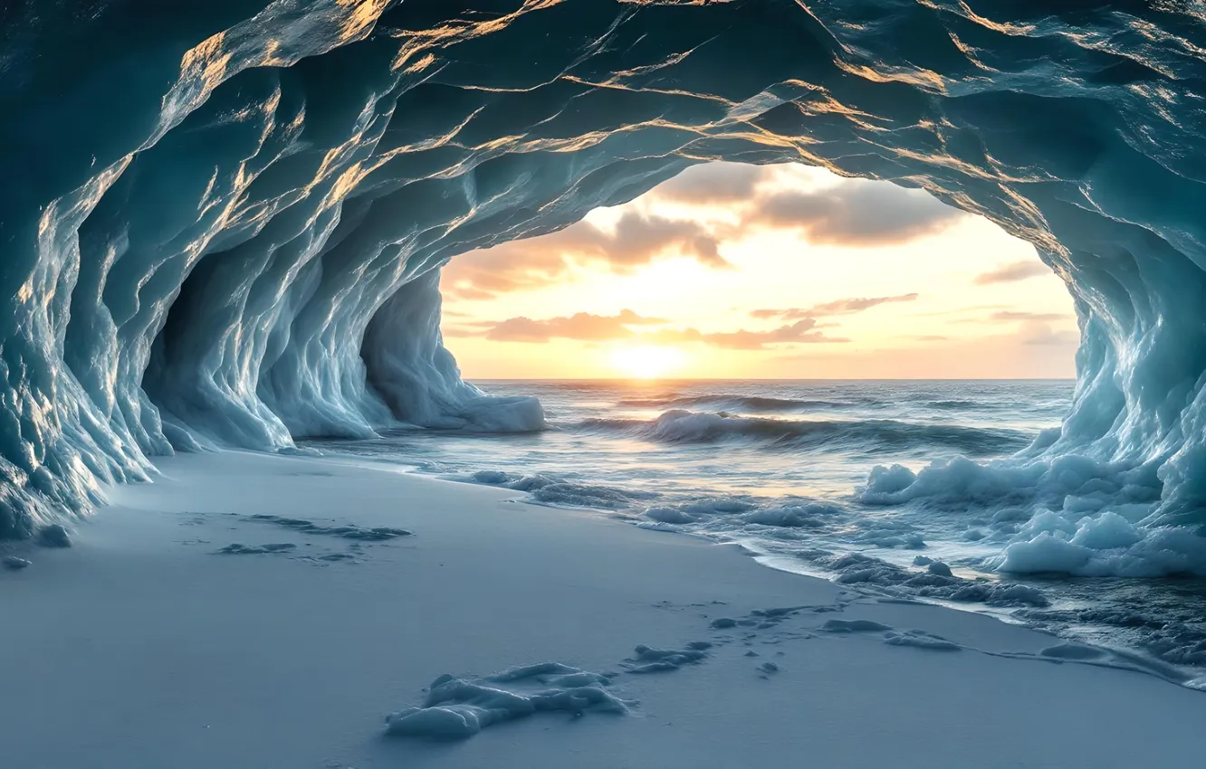 Photo wallpaper ice, winter, sea, the sun, clouds, rays, light, snow