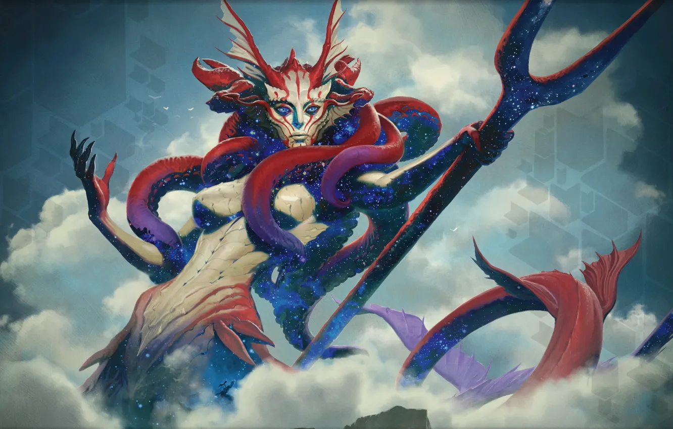 Photo wallpaper sea, stars, clouds, monster, tentacles, goddess, Jason Chan, Magic The Gathering
