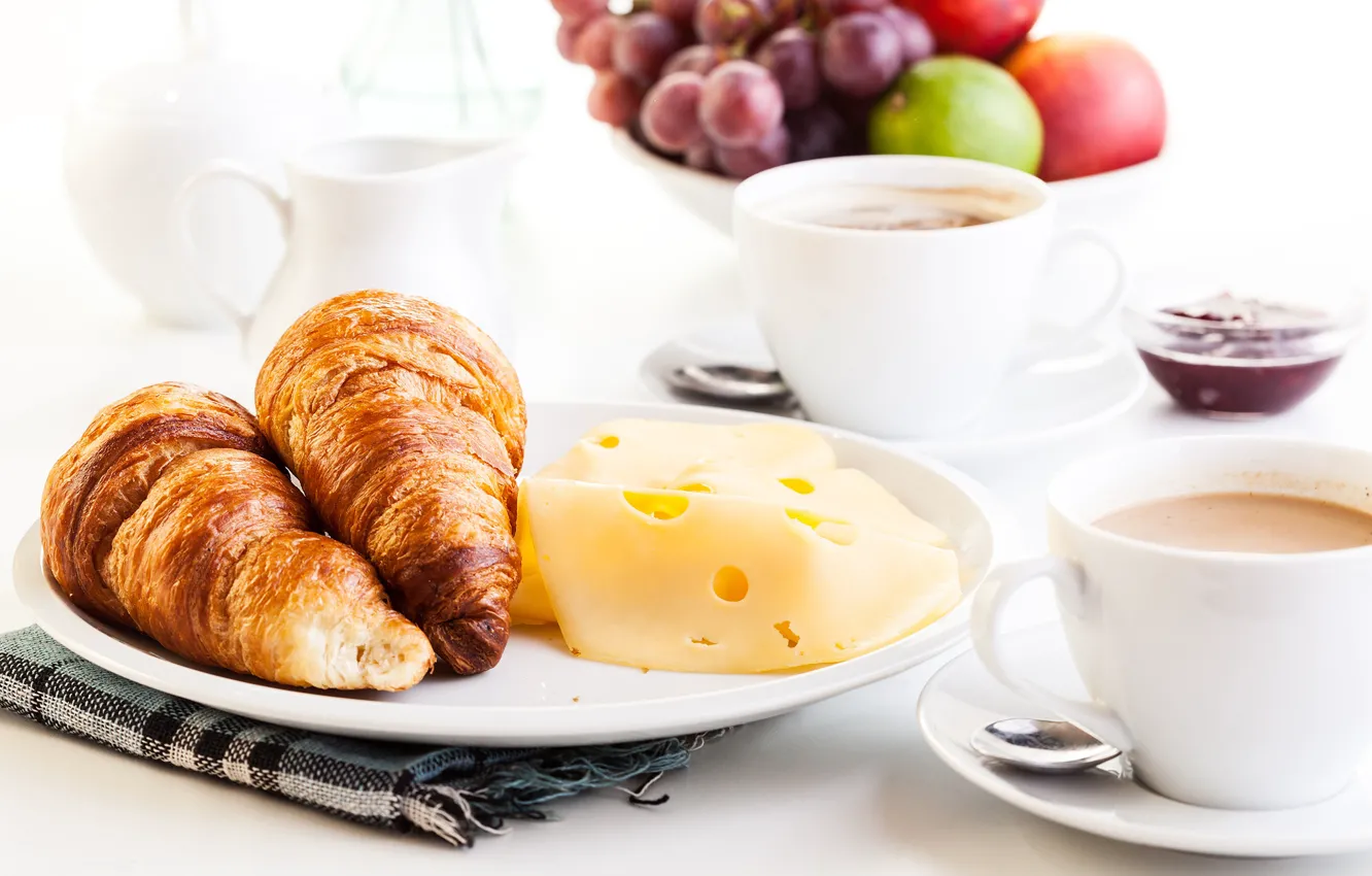 Photo wallpaper coffee, cheese, grapes, croissant