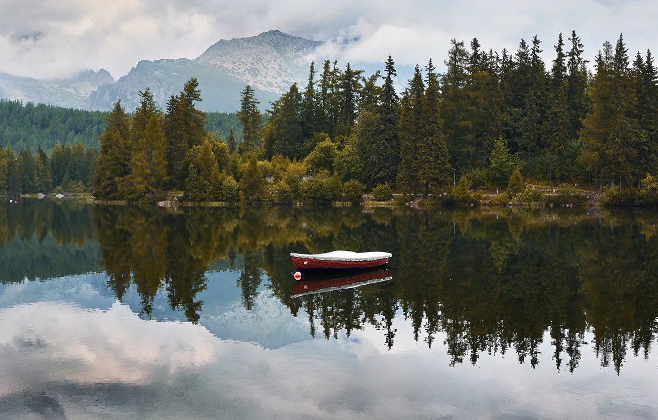 Photo wallpaper forest, mountains, reflection, boat, pond