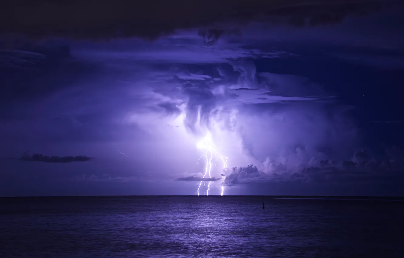 Photo wallpaper sea, the storm, night, clouds, storm, lightning