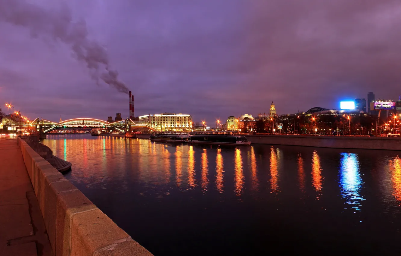 Photo wallpaper bridge, the city, lights, river, the evening, Moscow, promenade, Moscow