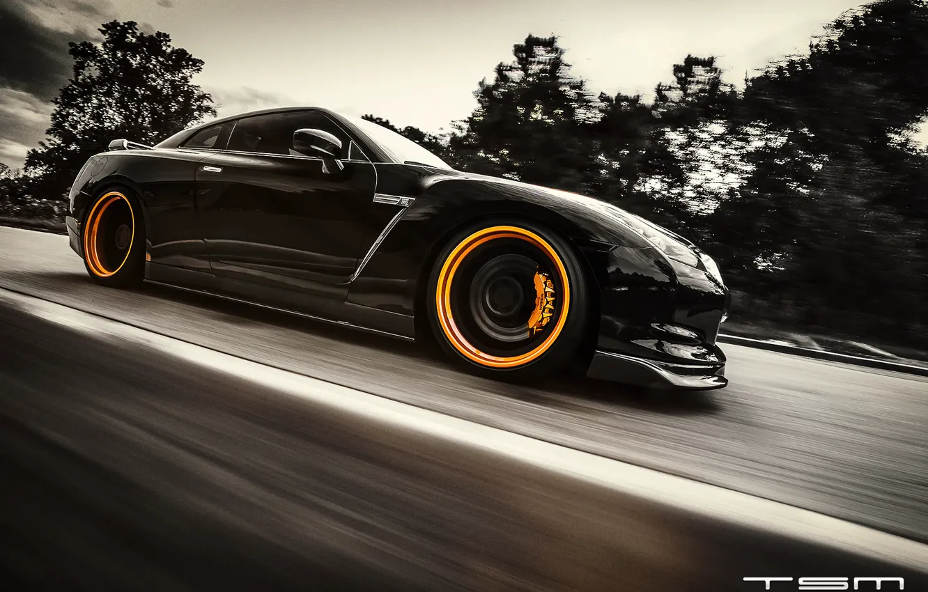 Photo wallpaper road, black, speed, Nissan, GT-R