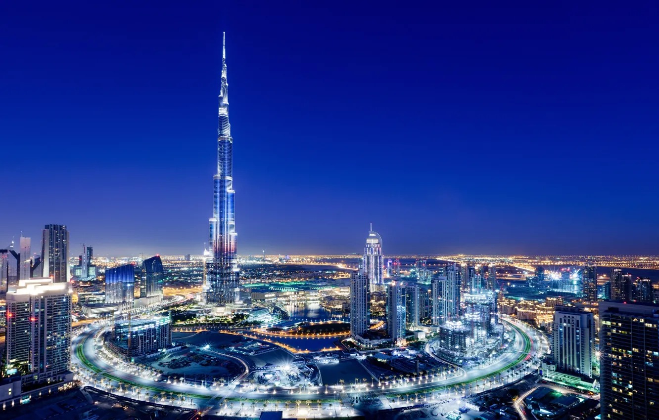 Photo wallpaper the city, lights, the evening, Dubai, Dubai, UAE, Burj Khalifa