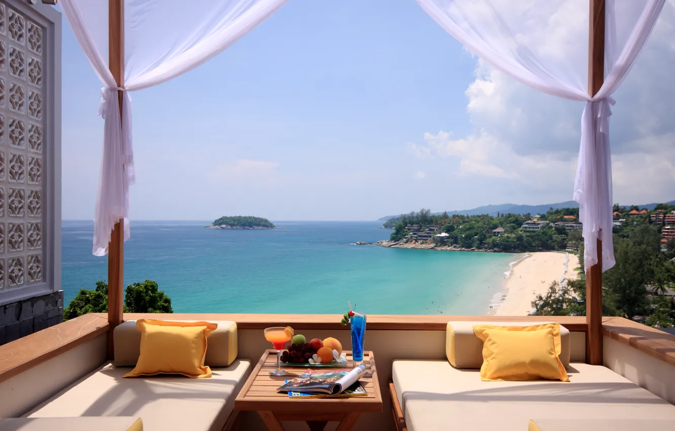 Photo wallpaper sea, beach, summer, heat, table, sofa, stay, view