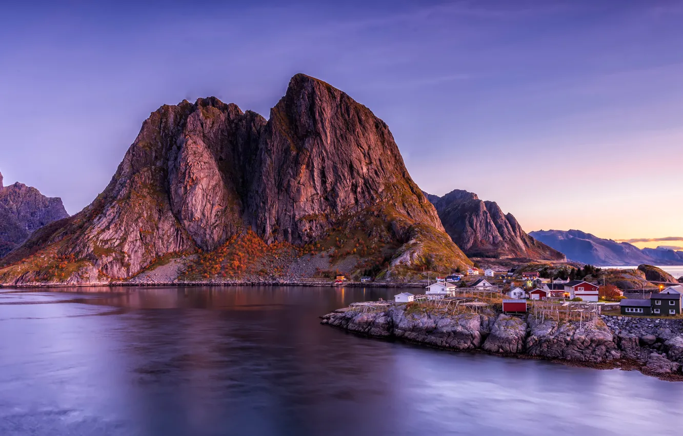 Photo wallpaper landscape, mountains, nature, rocks, shore, the evening, Norway, house