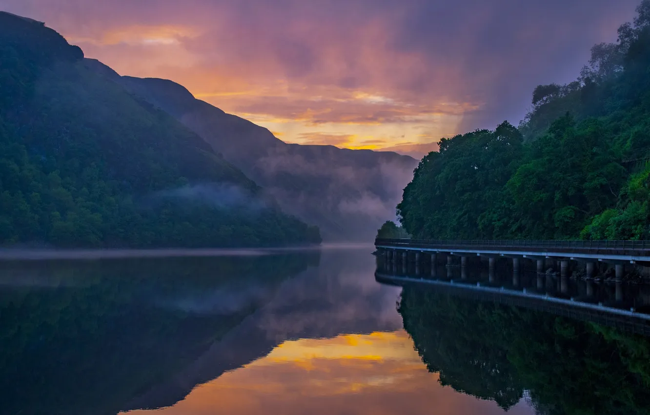 Photo wallpaper sunset, lake, fog, hills, Ireland, Glendalough upper lake