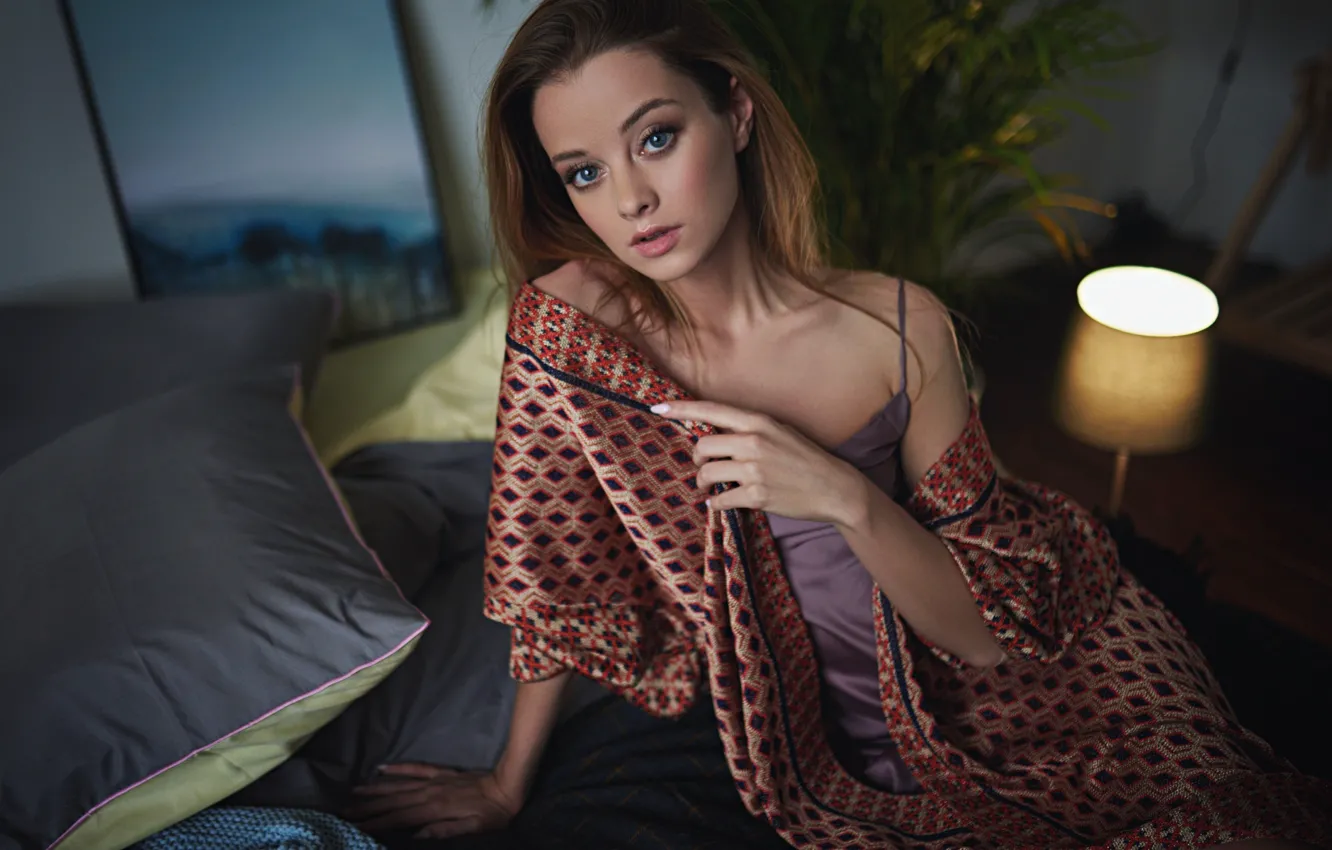 Photo wallpaper look, girl, pose, pillow, robe, Sergey Fat, Maria Zhgenti, Sergey Zhirnov