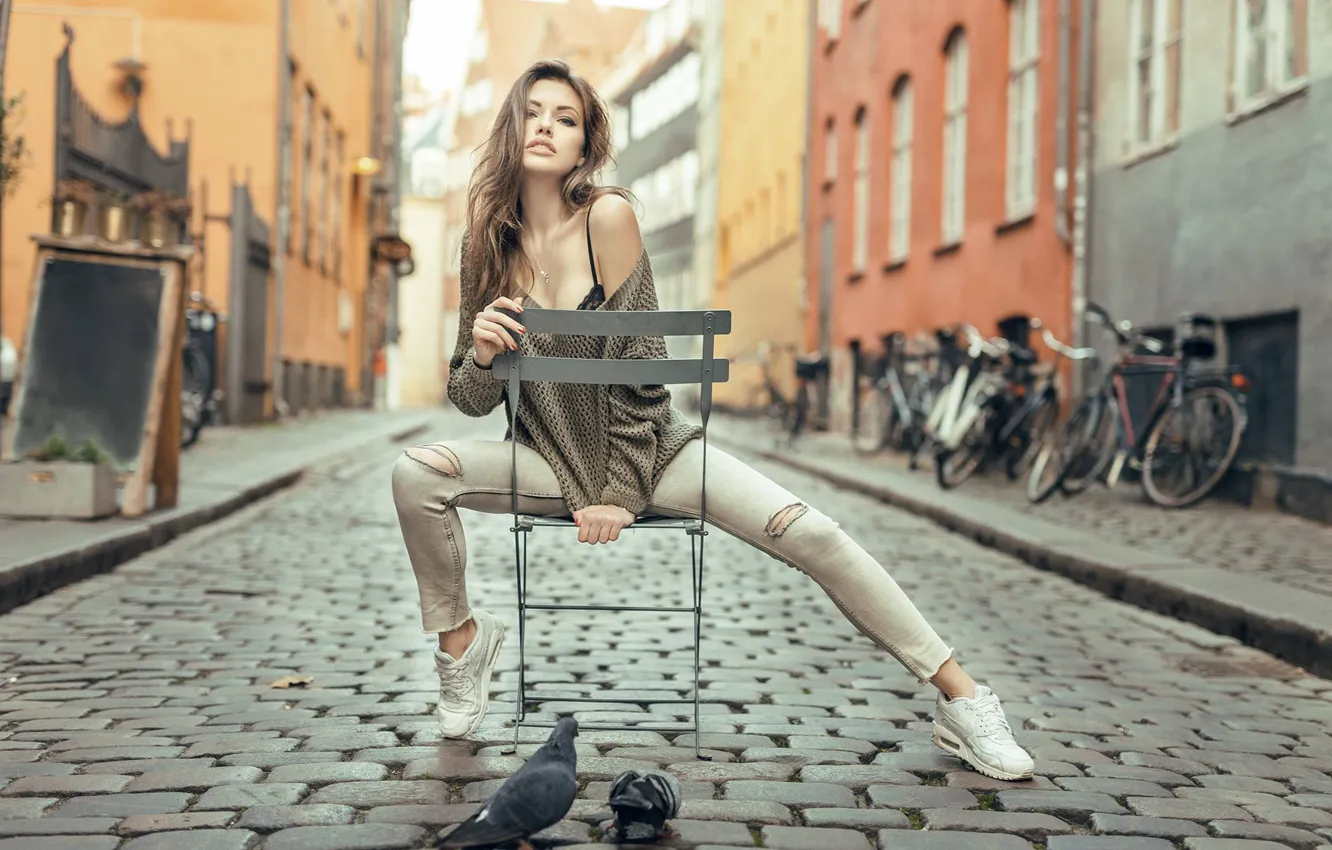 Photo wallpaper girl, street, jeans, brunette, chair, girl, jacket, model
