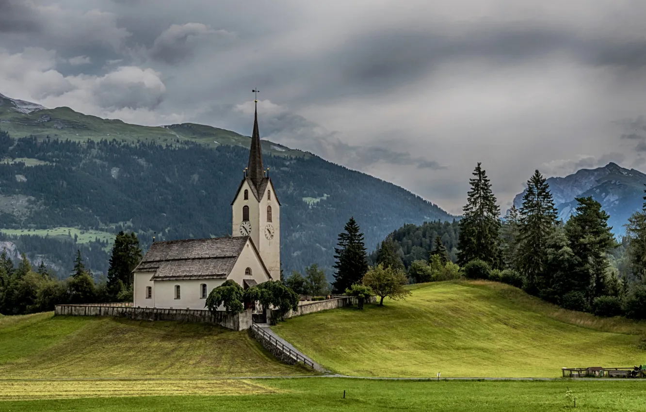 Photo wallpaper trees, mountains, Switzerland, Alps, Church, Switzerland, Alps, Grisons