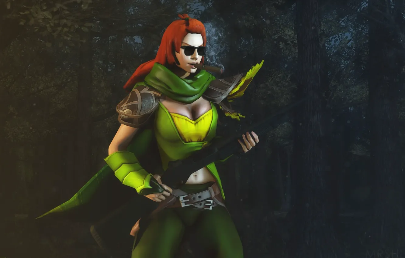 Photo wallpaper greens, chest, grass, girl, night, darkness, style, weapons