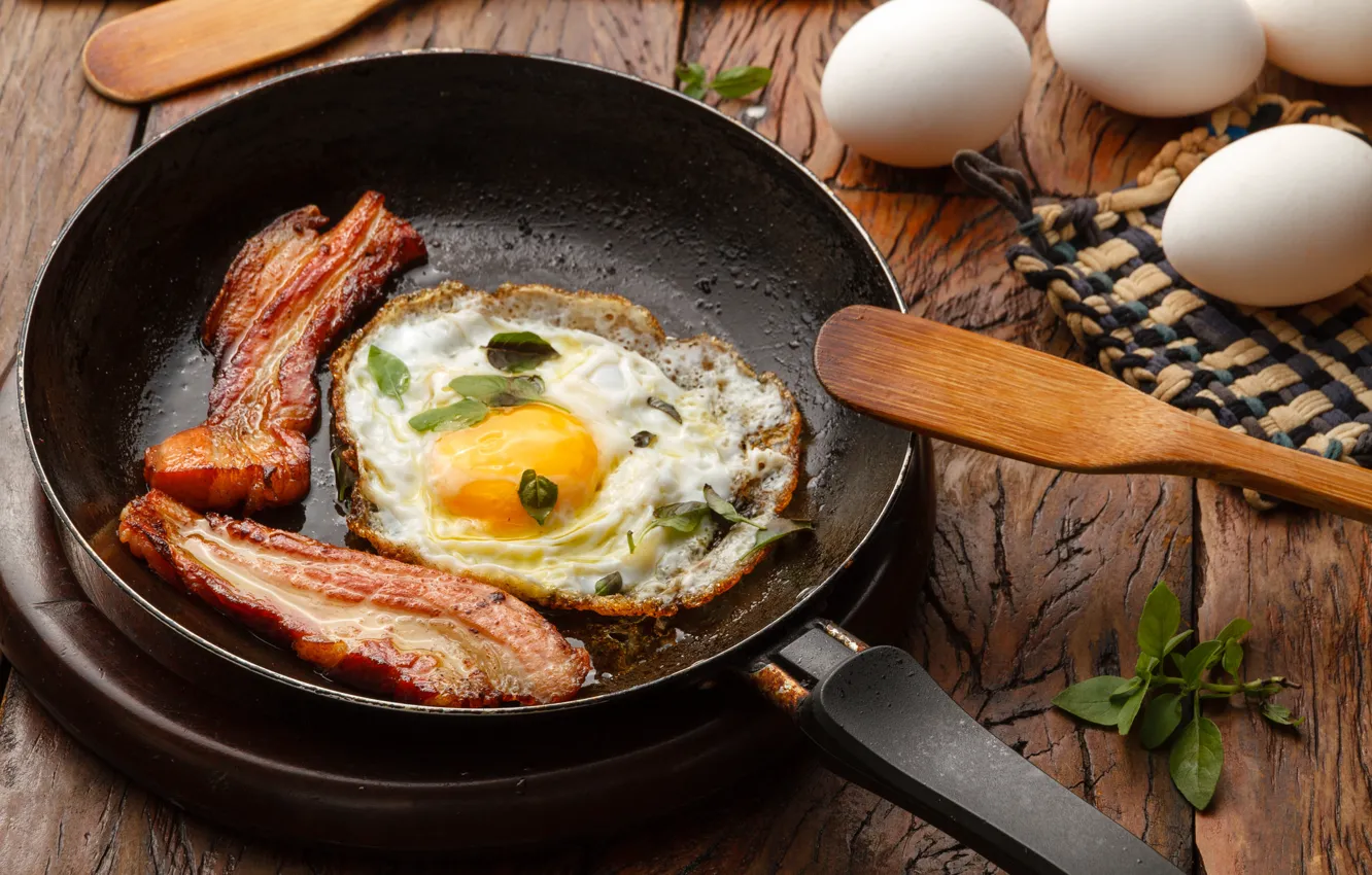 Photo wallpaper eggs, Breakfast, scrambled eggs, bacon, blade, pan