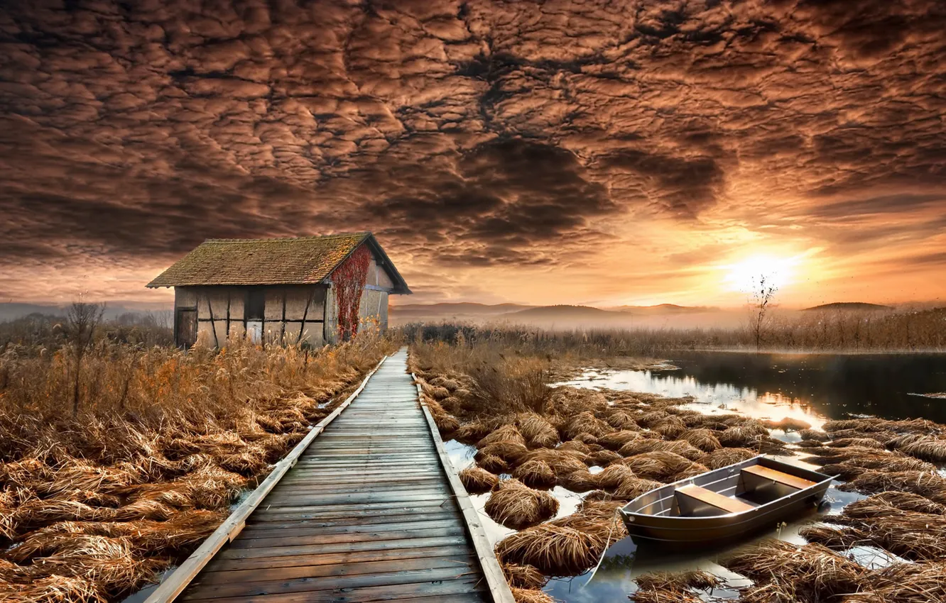 Photo wallpaper sunset, bridge, house, boat, swamp, installation