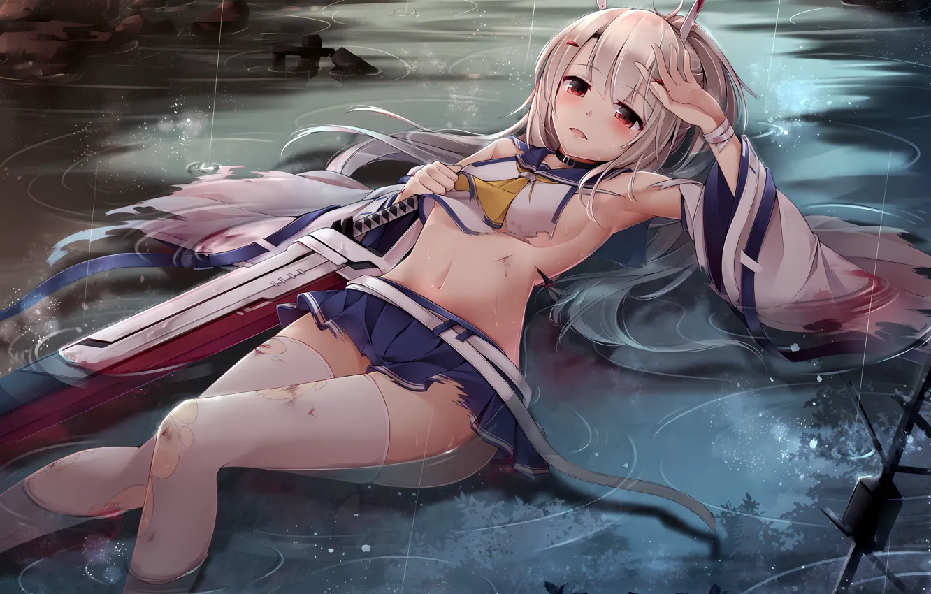 Photo wallpaper girl, sword, sexy, cleavage, school uniform, thighhighs, rain, long hair