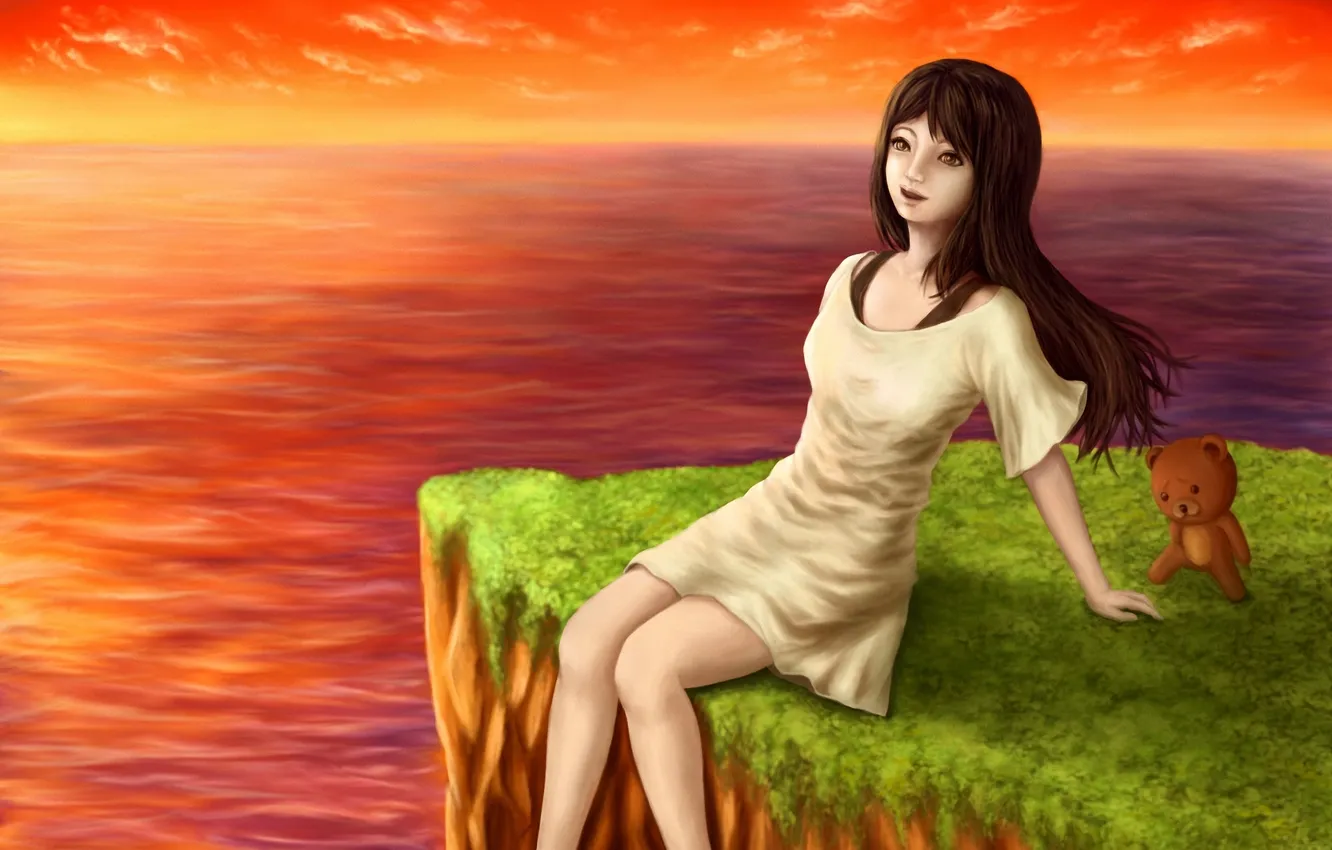 Photo wallpaper sea, grass, girl, sunset, open, toy, bear, art