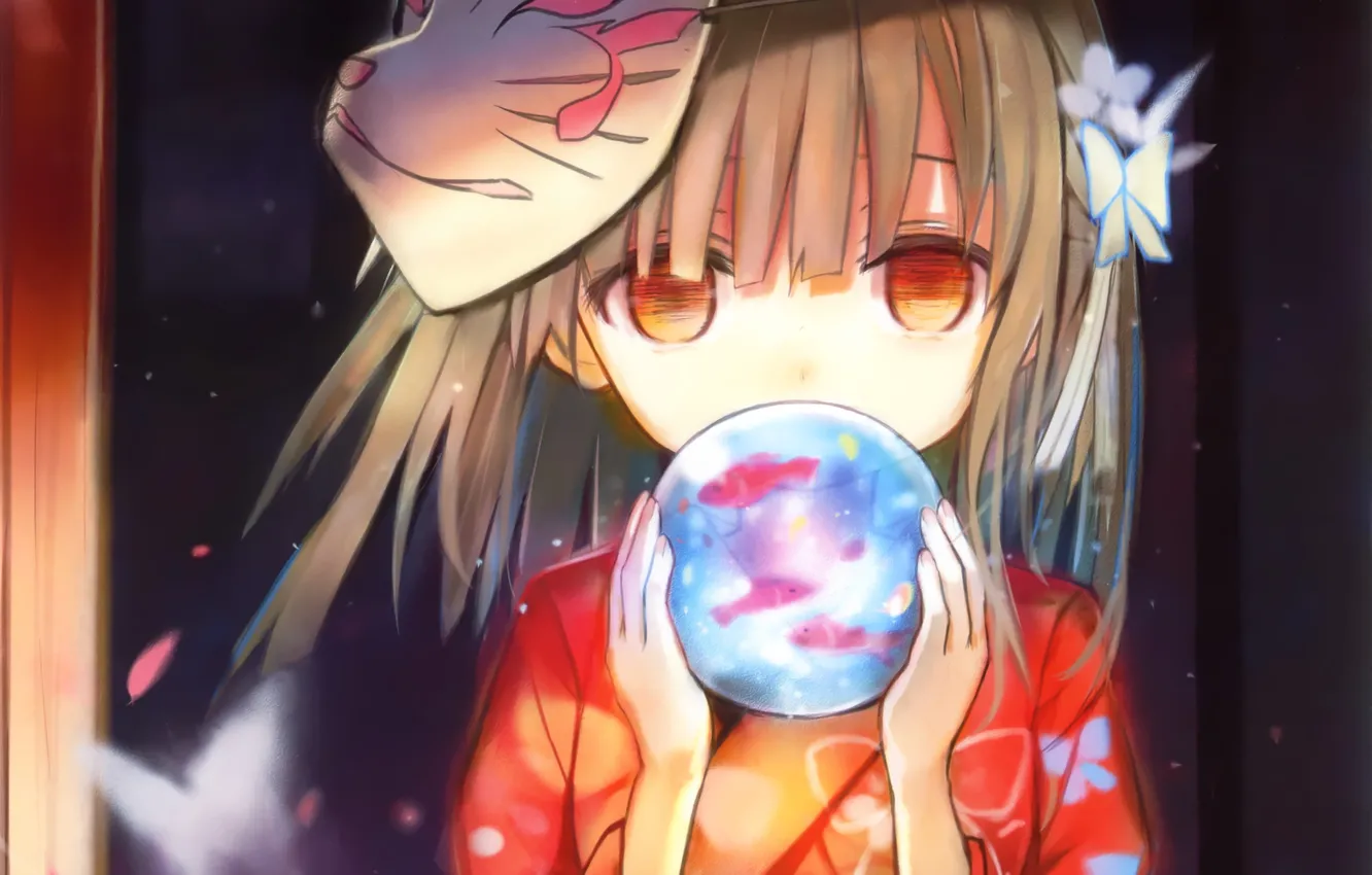 Photo wallpaper girl, fish, butterfly, aquarium, anime, petals, mask, art