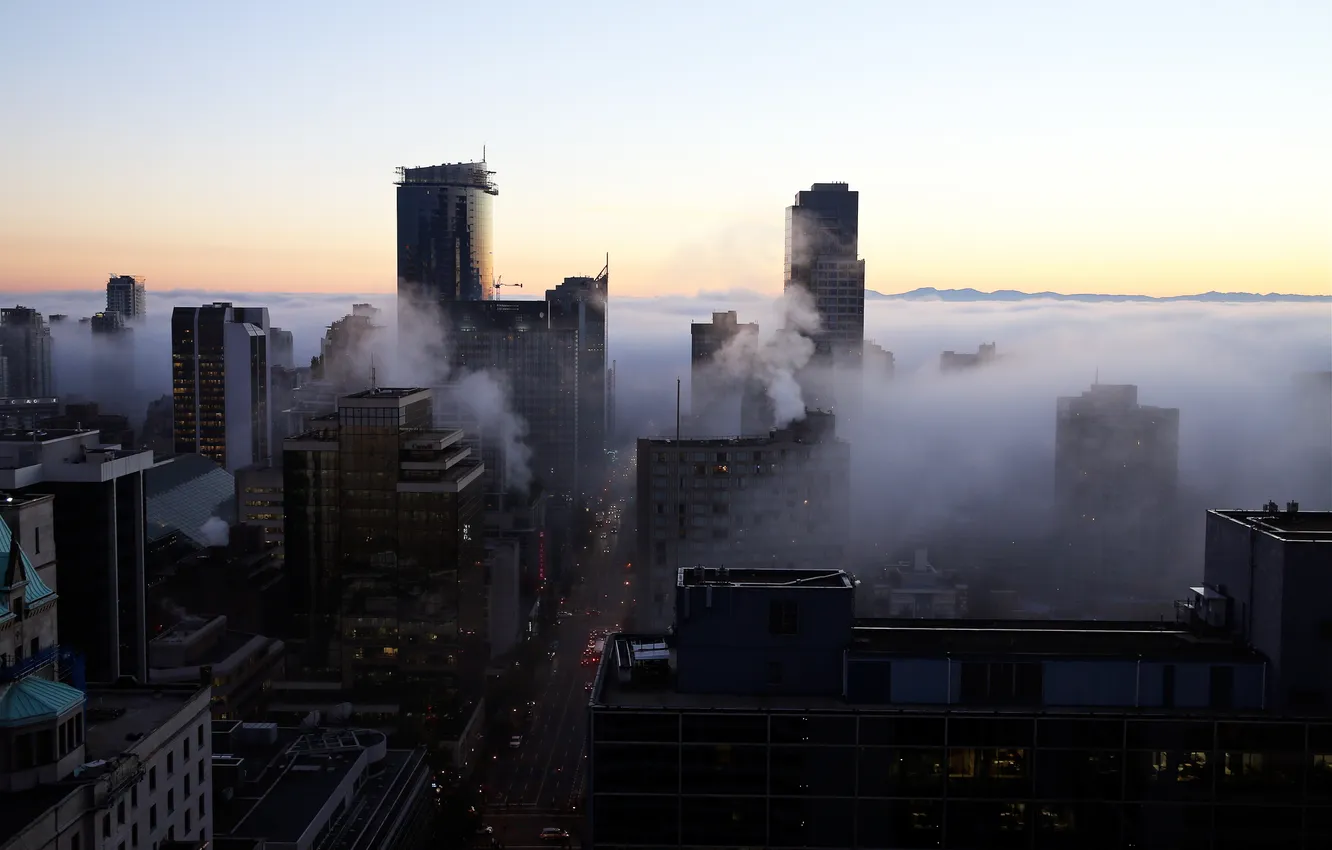 Photo wallpaper road, auto, life, the city, building, morning, horizon, megapolis