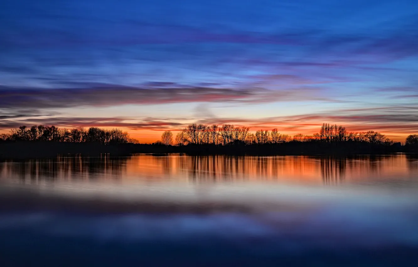 Photo wallpaper the sky, trees, branches, lake, reflection, mirror, silhouette, twilight