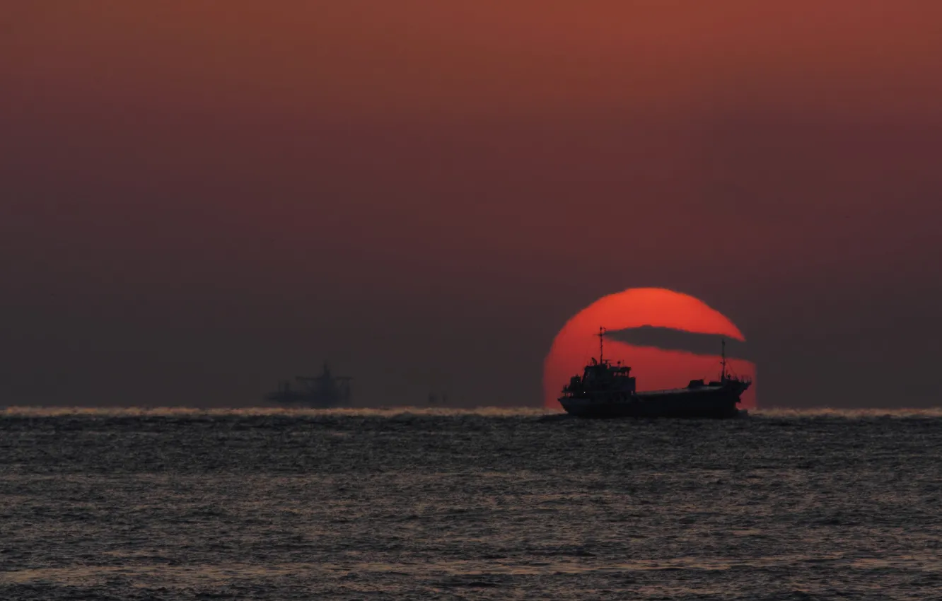 Photo wallpaper sea, the sky, sunset, ship, silhouette