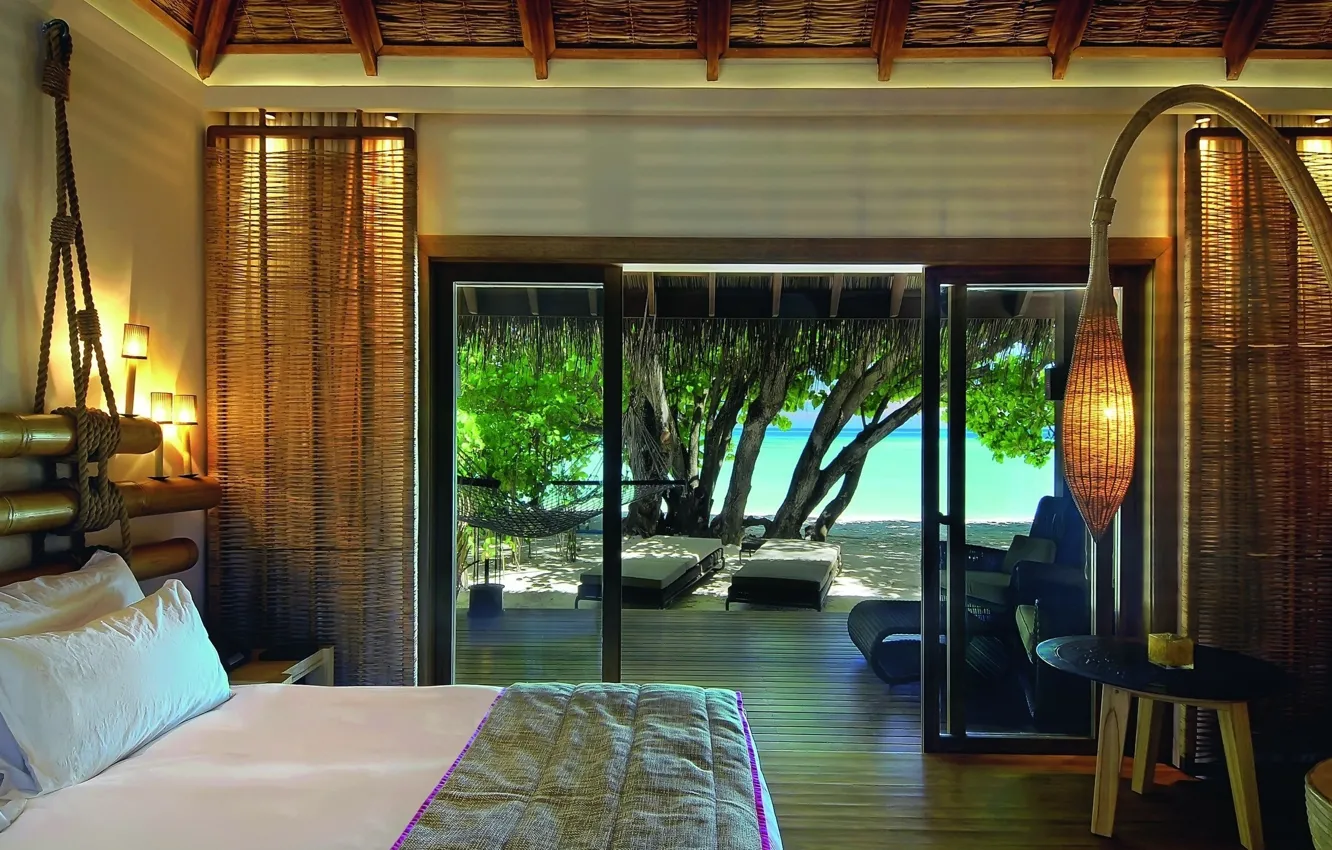 Photo wallpaper beach, beautiful, view, tree, Maldives, room, interior, bed