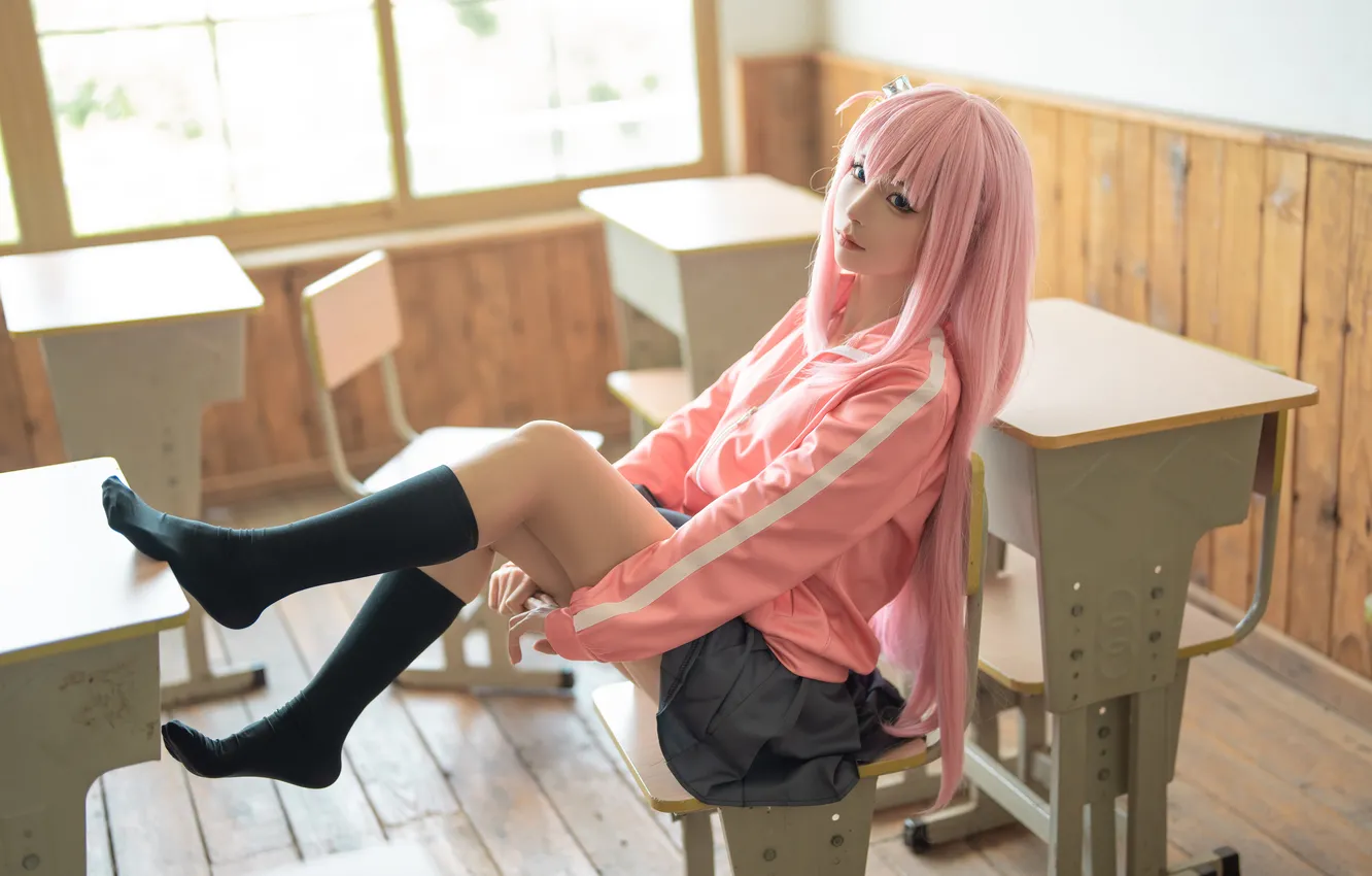 Photo wallpaper model, women, cosplay, asian, socks, classroom, black socks, knee high socks