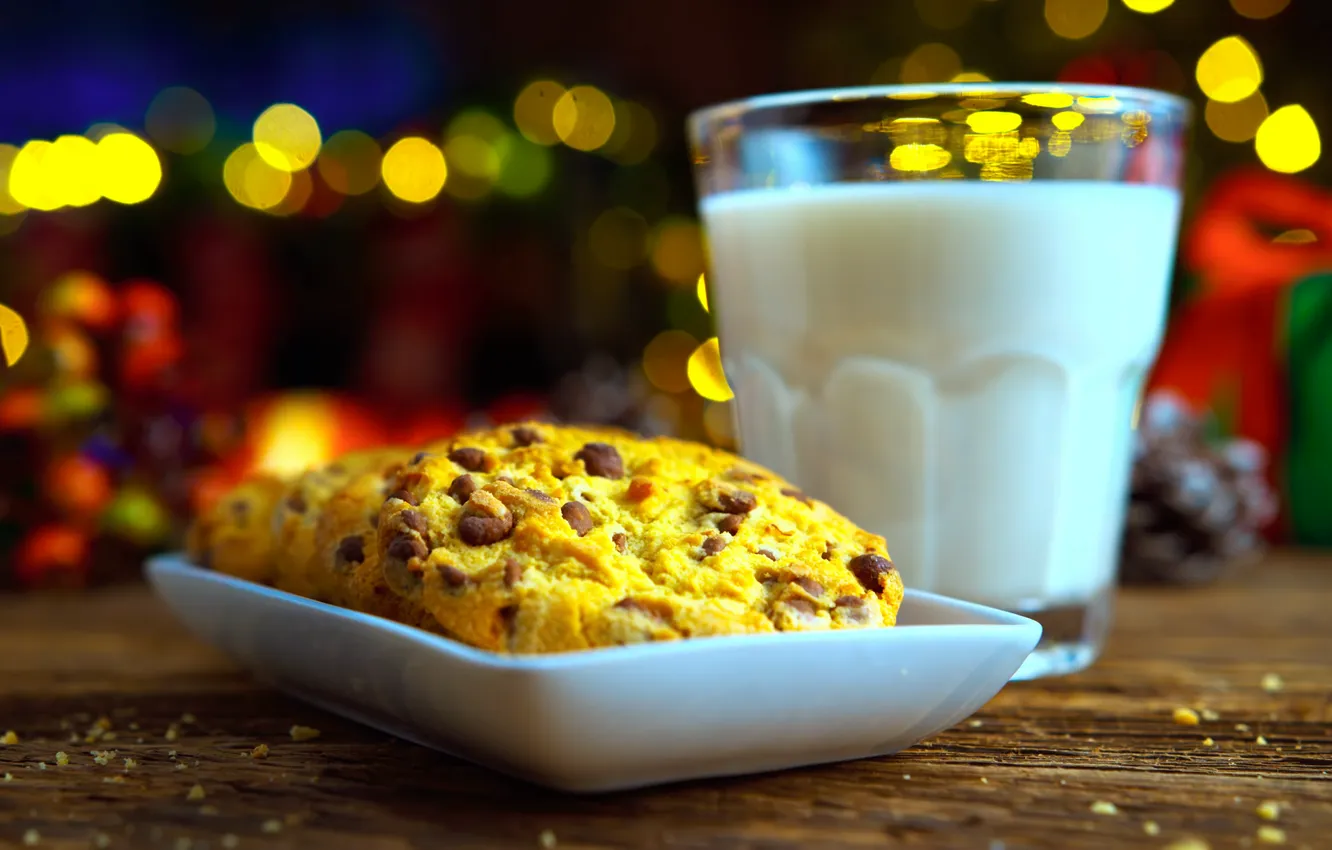 Photo wallpaper lights, milk, cookies, CHristmas atmosphere