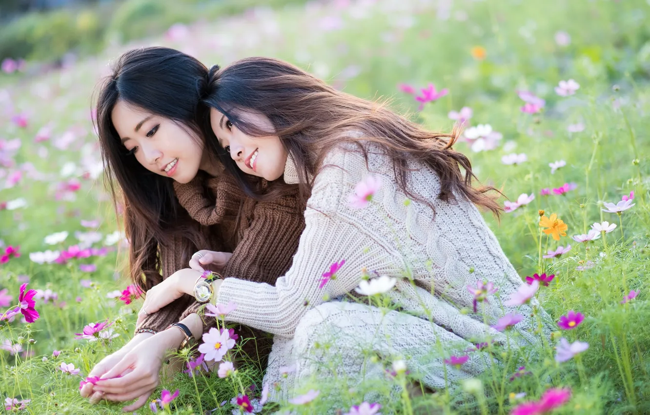 Photo wallpaper girl, flowers, mood, Asian