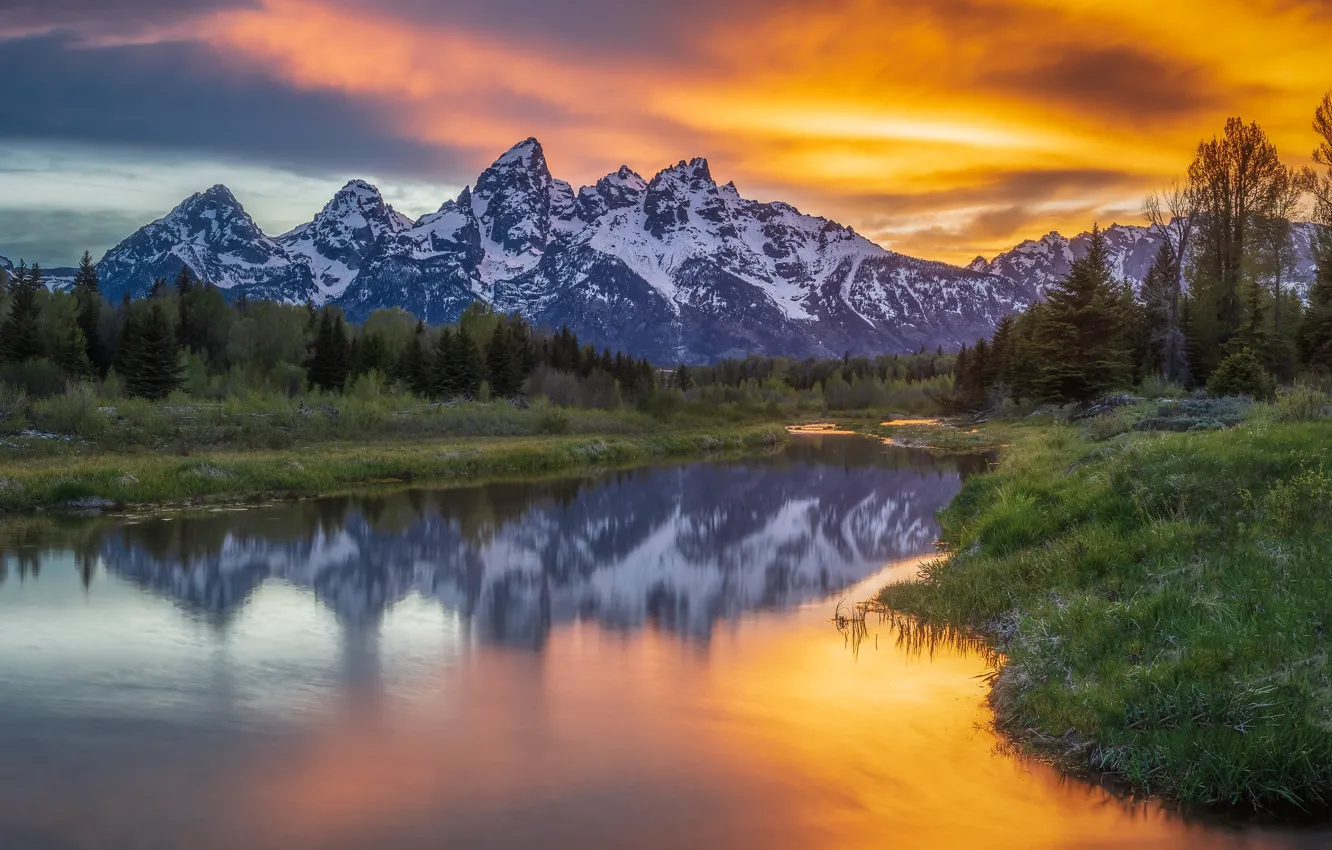 Photo wallpaper forest, the sky, grass, clouds, snow, sunset, mountains, lake