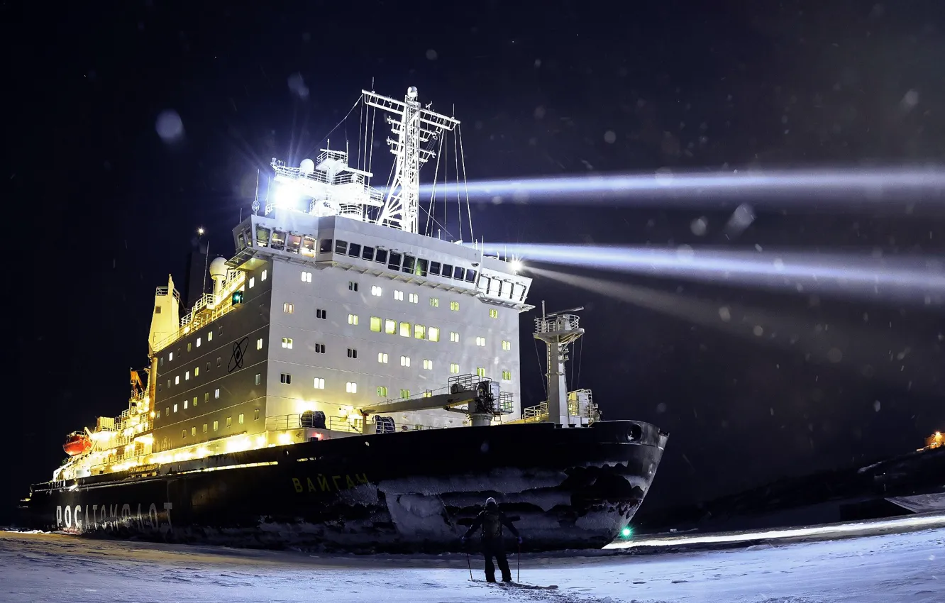 Photo wallpaper Night, Snow, People, Ice, Icebreaker, The ship, Russia, Nose