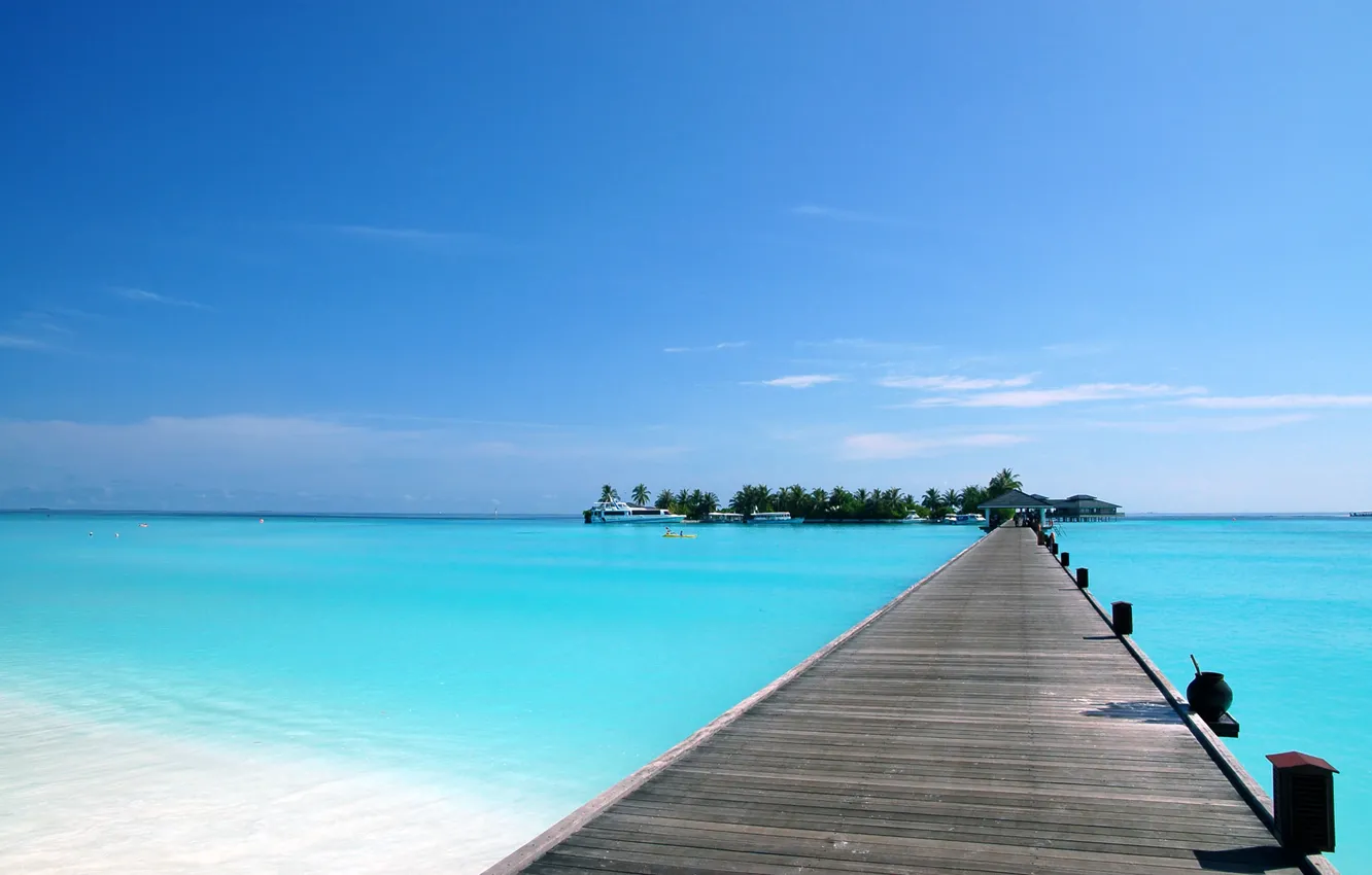 Photo wallpaper sea, summer, the sky, water, bridge, palm trees, the ocean, boat