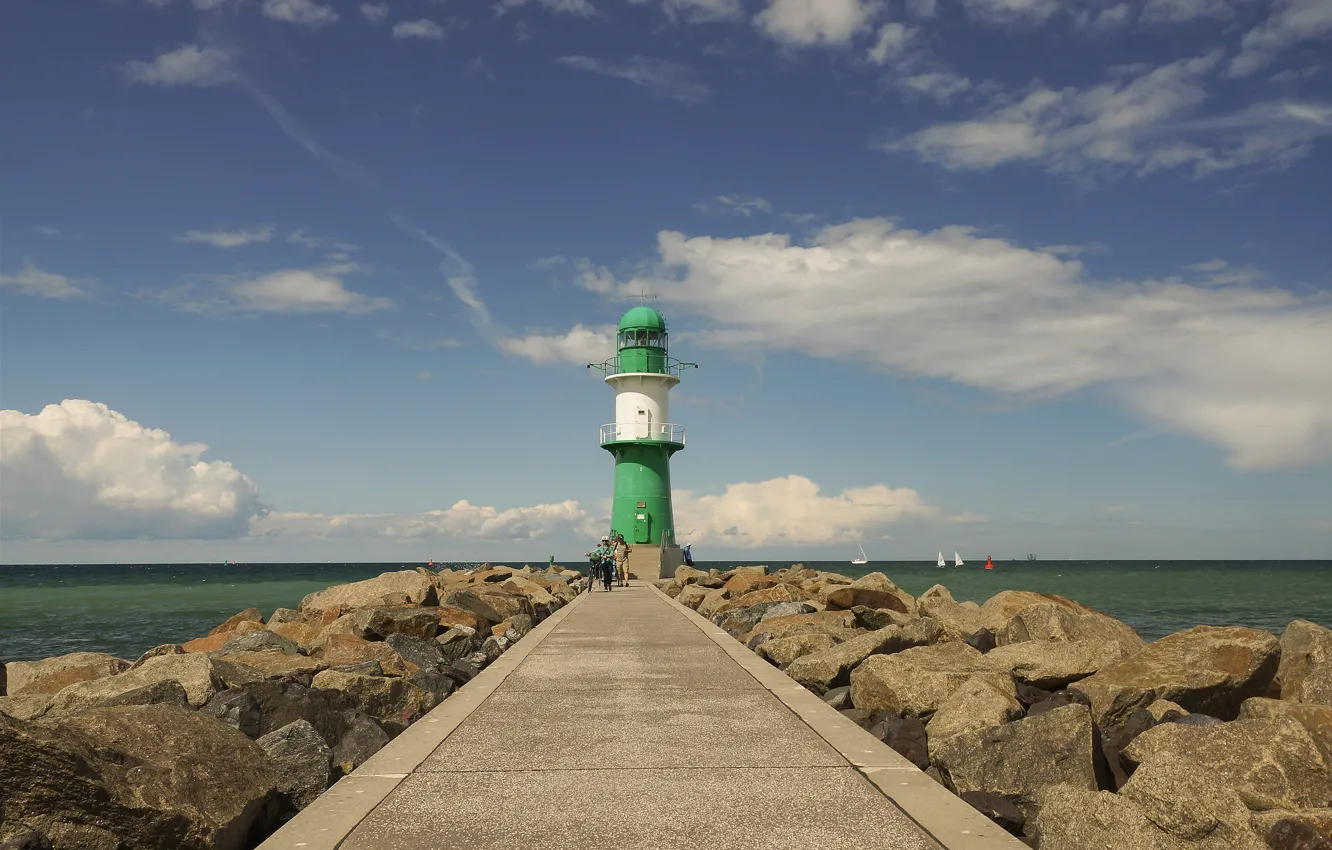 Photo wallpaper sea, white, green, people, rocks, green, lighthouse, boats