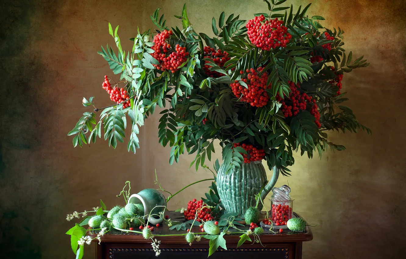 Photo wallpaper branches, berries, fruit, mug, Bank, pitcher, still life, Rowan