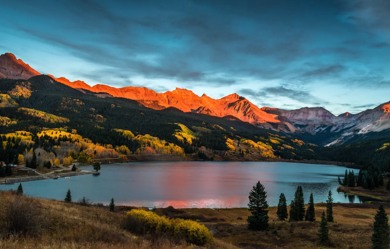 Photo wallpaper autumn, forest, trees, mountains, lake, shore, the evening, ate