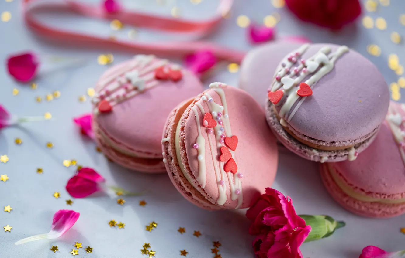 Photo wallpaper flowers, cookies, hearts, pink, stars, design, macaroon