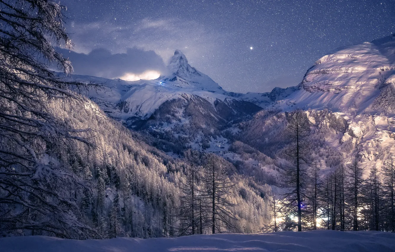 Photo wallpaper winter, landscape, mountains, night