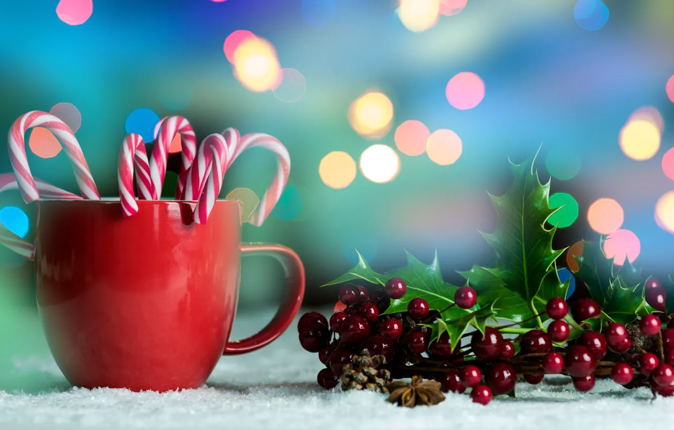 Photo wallpaper leaves, berries, holiday, new year, Christmas, candy, mug, Cup