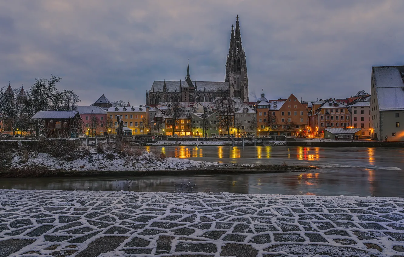 Photo wallpaper winter, snow, trees, lights, river, home, the evening, Germany