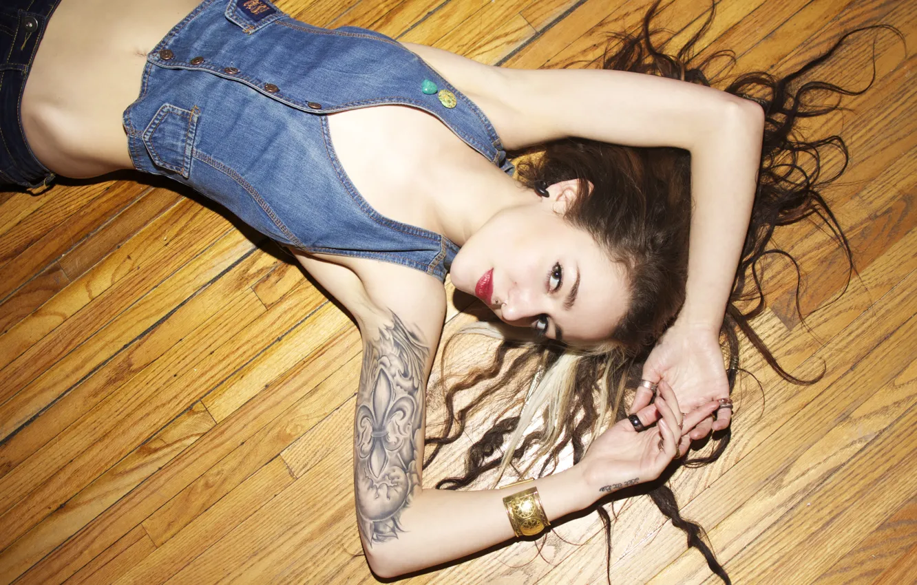 Photo wallpaper girl, woman, model, tattoo, floor, belly, tattoos, female