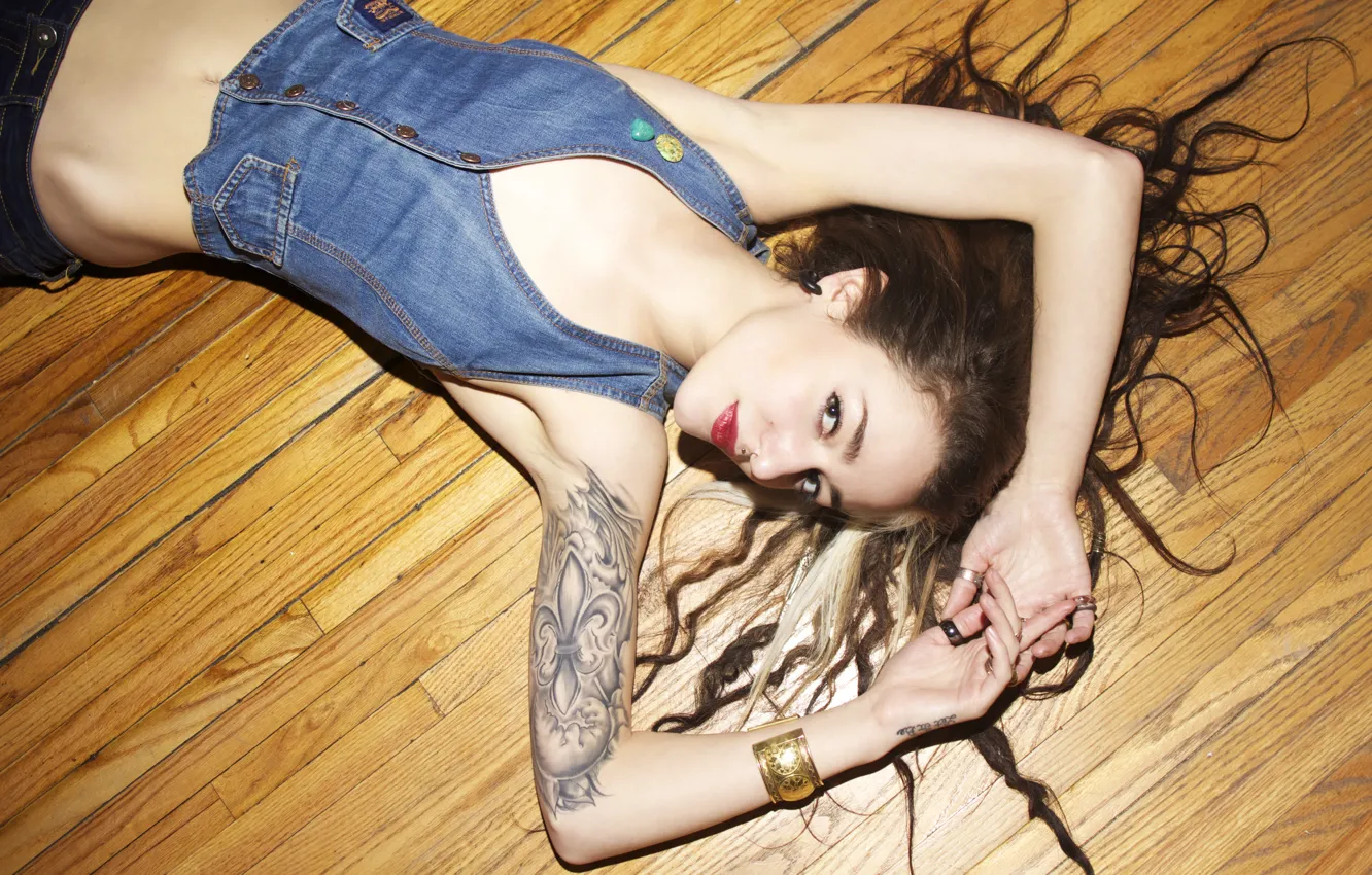 Photo wallpaper girl, woman, model, tattoo, Denim, floor, belly, tattoos