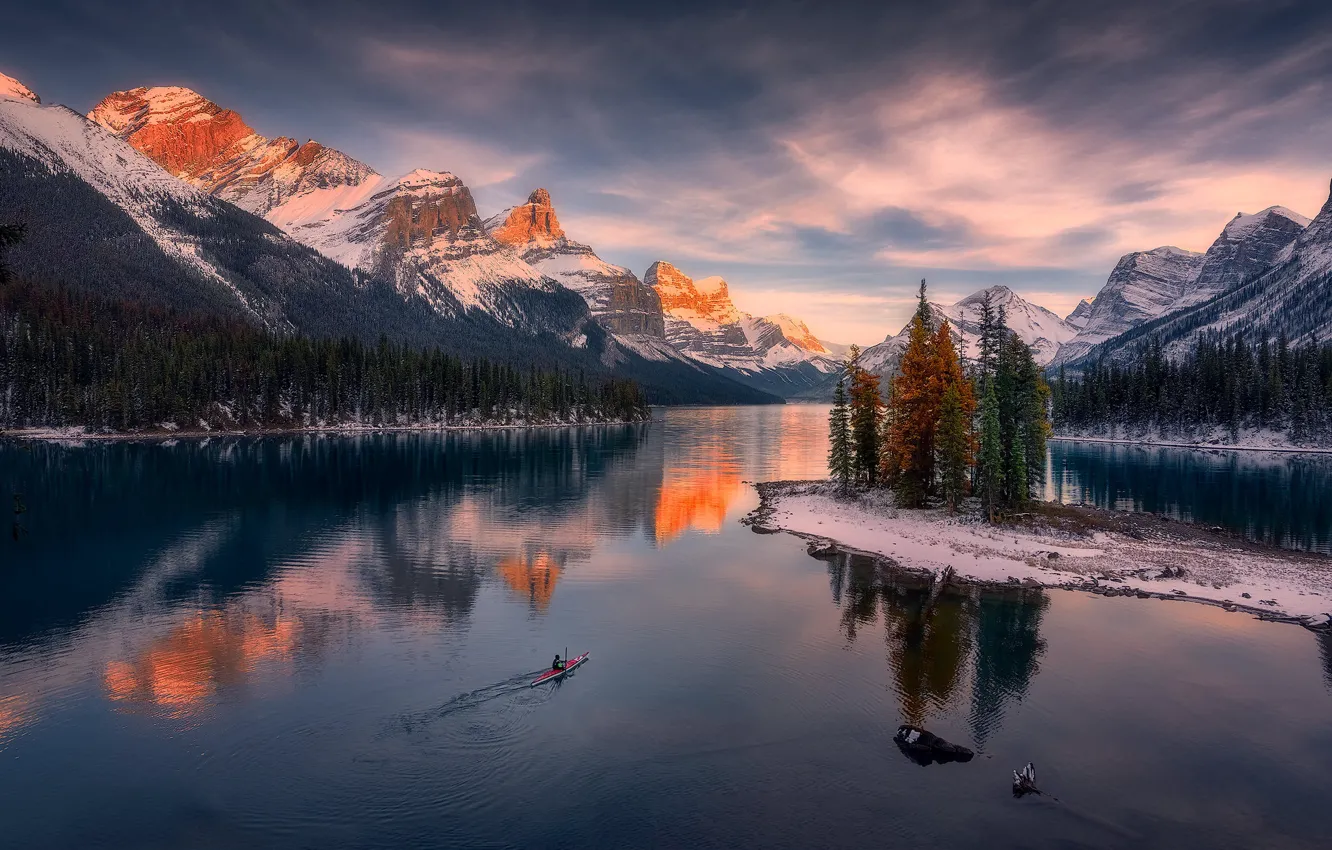 Photo wallpaper mountains, lake, island, Canada, Albert, Alberta, Canada, Jasper National Park