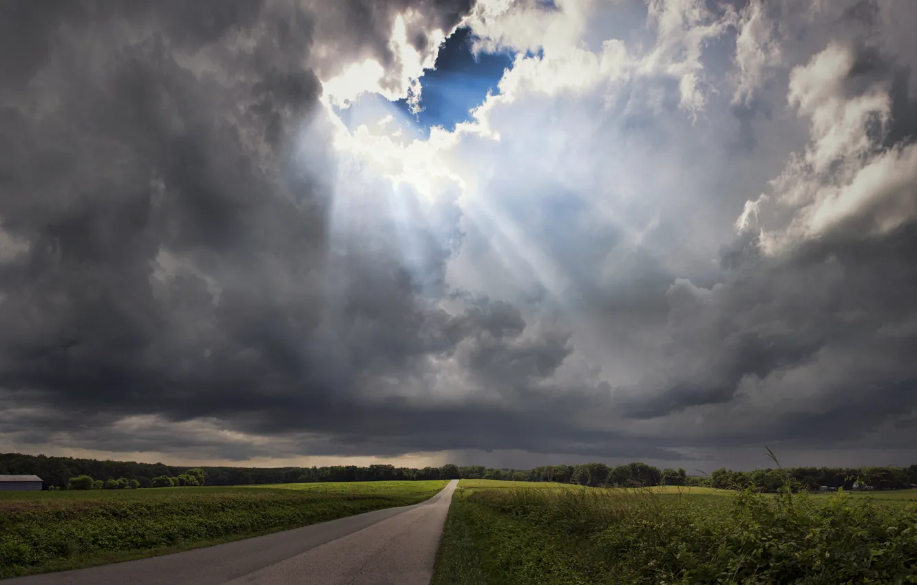 Photo wallpaper road, the storm, field, the sky, grass, rays, trees, clouds