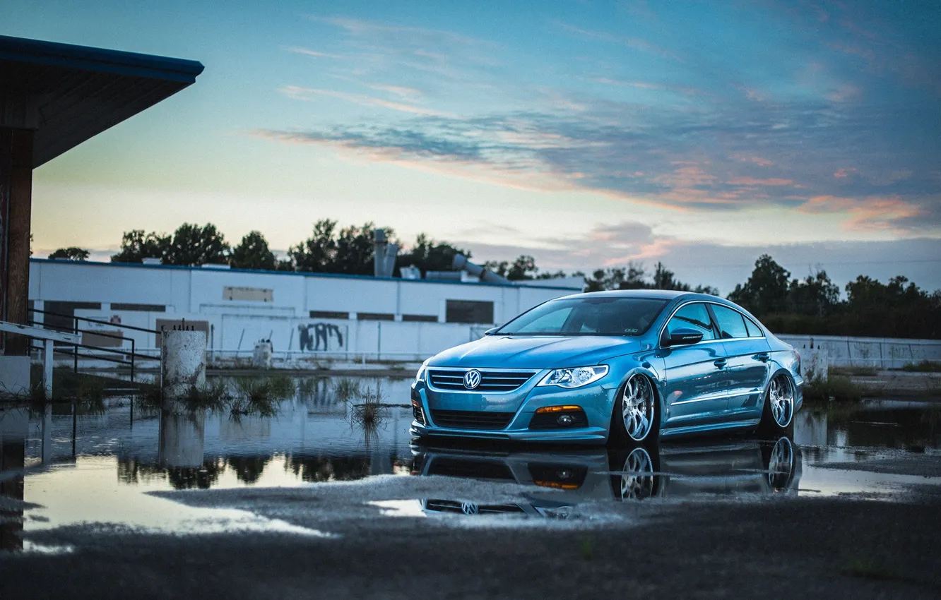 Photo wallpaper Sunset, The sky, Auto, Volkswagen, Puddles, Passat, R-Line